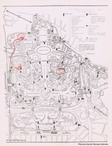 A map of the fair - "America at Home" can be seen next to the information booth (owl icon) circled here in red.